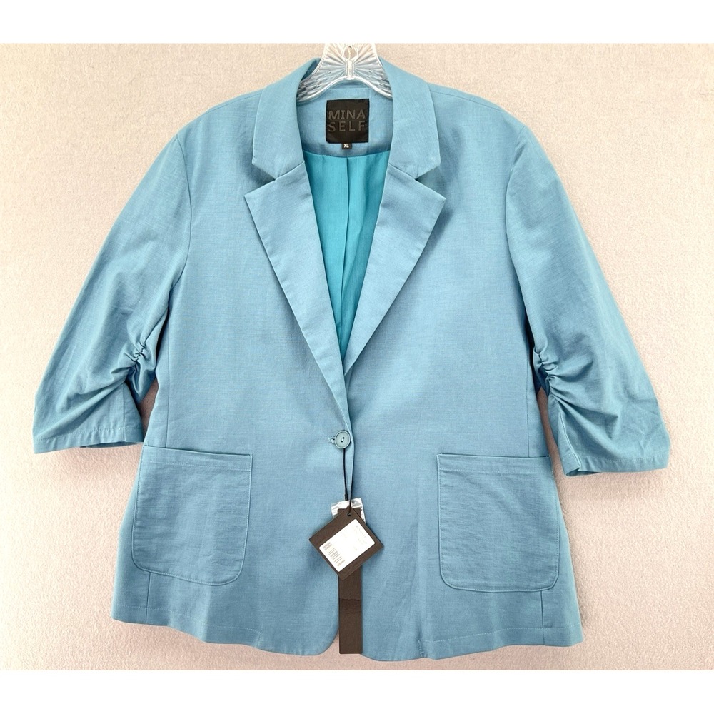 NWT Mina Self Fully Lined Blue & Teal 100% Cotton Blazer Ruched Sleeves Size XL